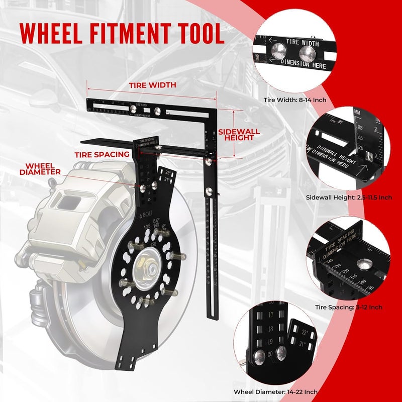 Atesilor 6-Lug Wheel Fitment Tool, Wheel Offset & Backspacing Measuring Tool, Simulates 14-22" Rim Diameter, 8-14" Tire Width, 2.5-11.5" Sidewall, 3-12" Clearance - Image 2